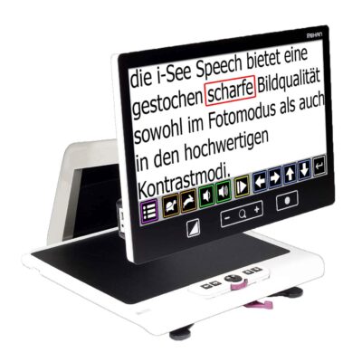 Bischirmleserät mit Vorlesefunktion i-See Speech mit einem Text auf dem Bildschirm der gerade vorgelesen wird.