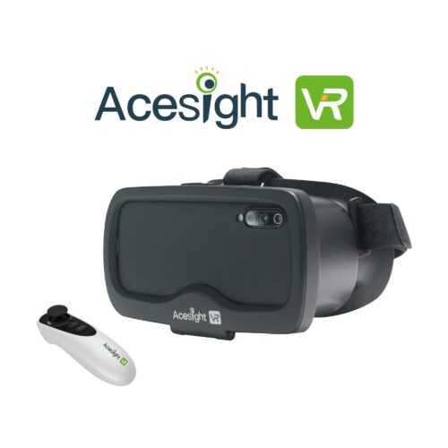 Detailaufnahme von vorne der elektronischen Lupenbrille Acesight VR mit der Fernbedienung
